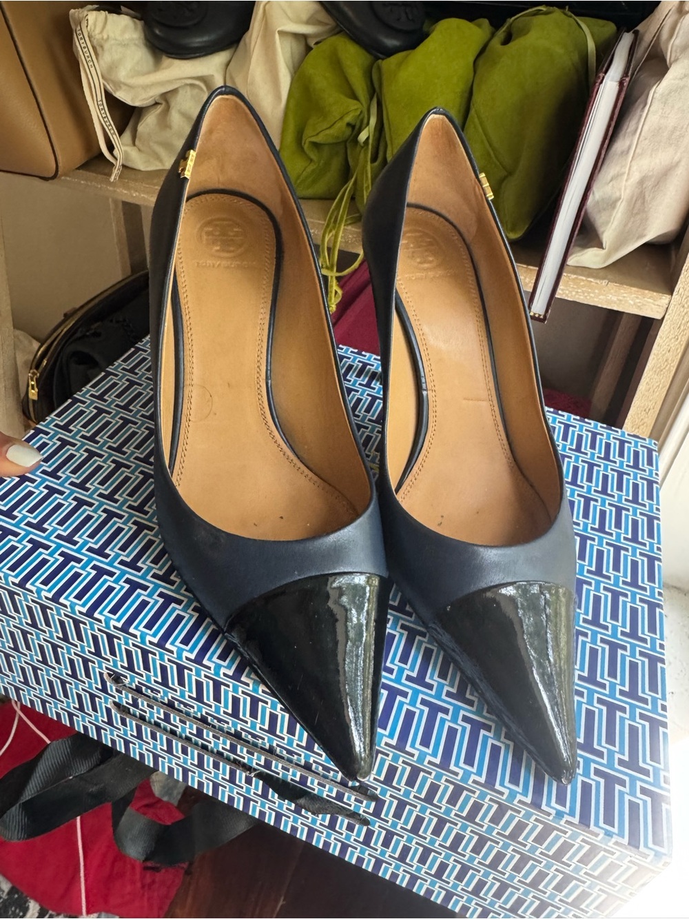 Tory Burch Penelope  Black Leather Pumps with Patent Pointed Toe